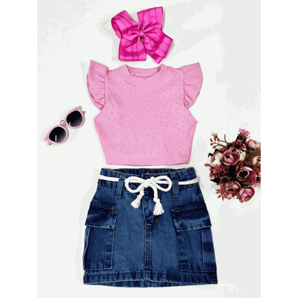 Conjunto Blusa Brilho+ Saia Cargo Jeans Alice