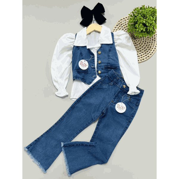 Conjunto Camisa Branca + Colete + calça Flare Jeans 