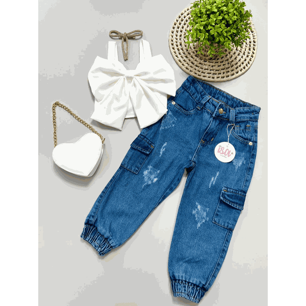 Conjunto Cropped Laço + Calça Jogger Jeans Cargo 