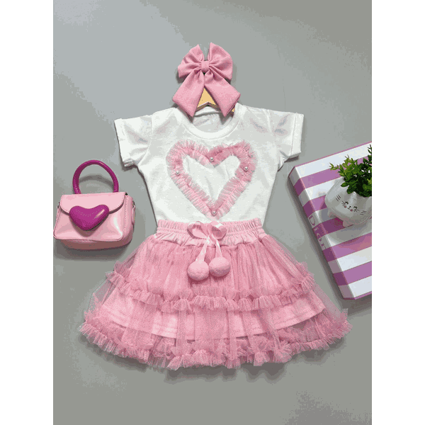 Conjunto Tule Coração Rosa 