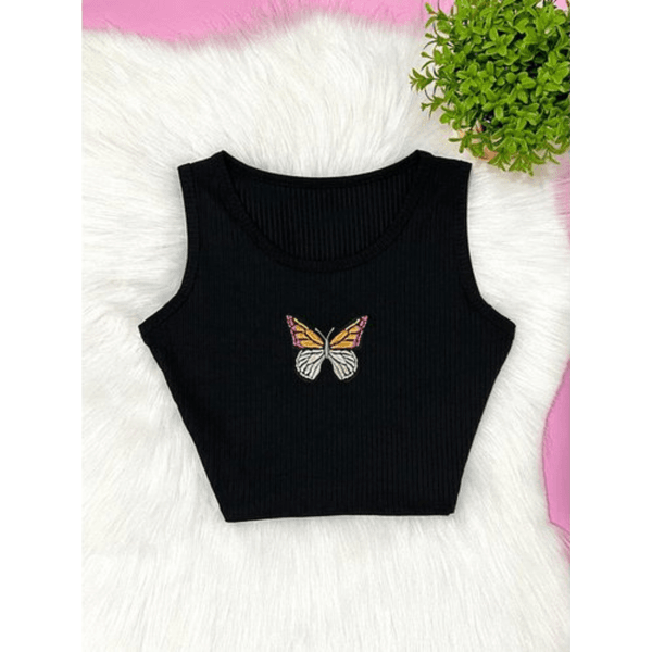 Cropped Juvenil borboleta Preto