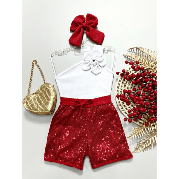 Conjunto Blusa de Flor Nula manga+ Short Paetê Vermelho 