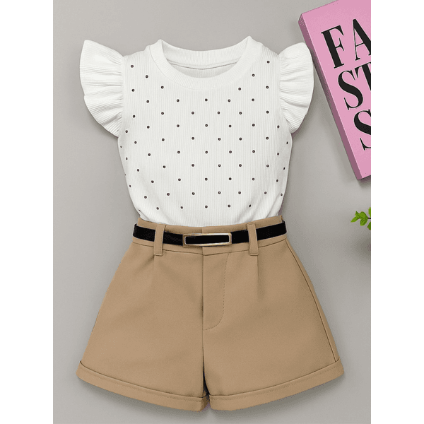 Conjunto Blusa De Brilho +Short Alfaiataria Com Cinto Bege