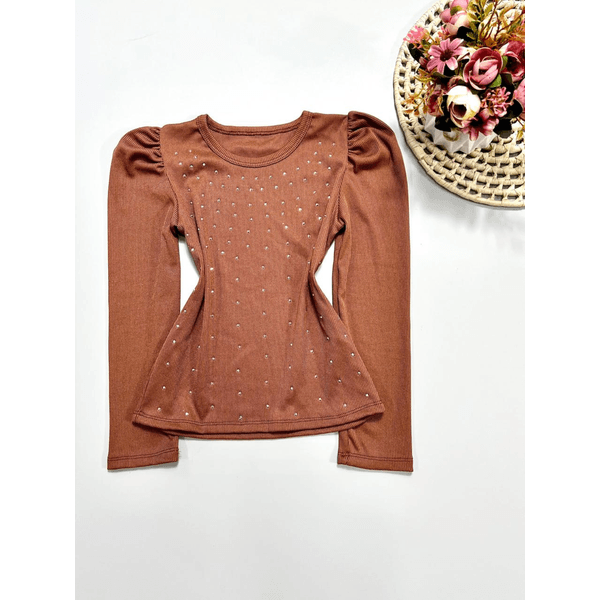 Blusa Brilho Manga Longa Marrom