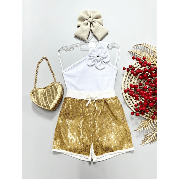 Conjunto Blusa de Flor Nula manga+ Short Paetê Dourado 