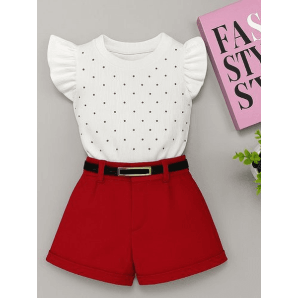 Conjunto Blusa De Brilho + Short Alfaiataria Com Cinto Vermelho 