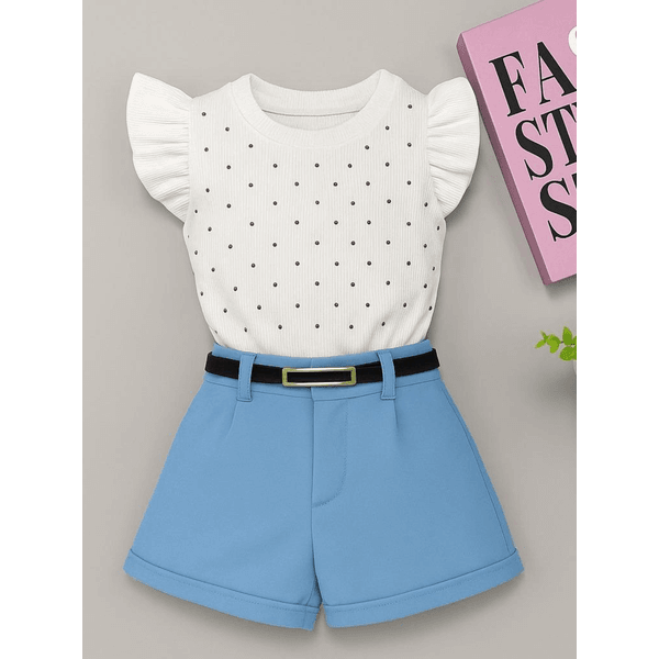 Conjunto Blusa de Brilho + Short Alfaiataria com cinto Azul