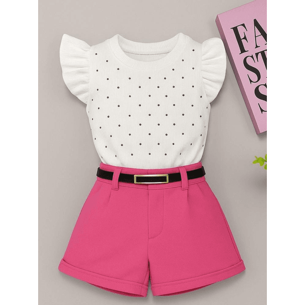 Conjunto Blusa de Brilho + Short Alfaiataria com Cinto Rosa