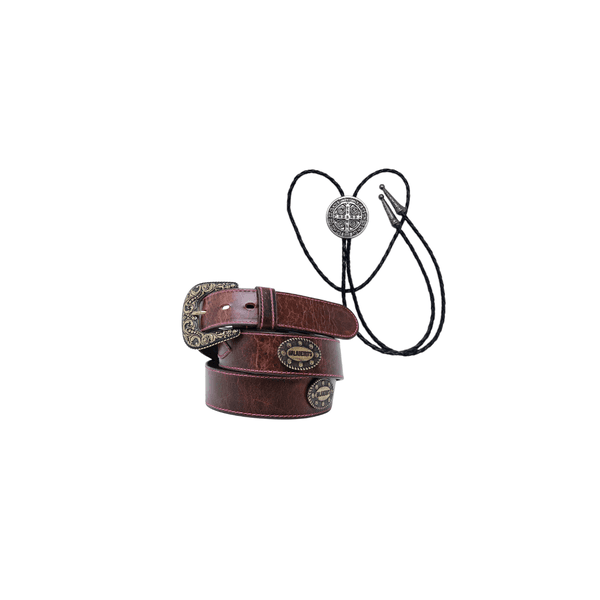 Kit Country Baladeiros: Colar Gravata São Bento + Cinto de Couro Tabaco com Rosa