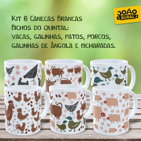 Kit - 6 Canecas Coleção Animais Brancas