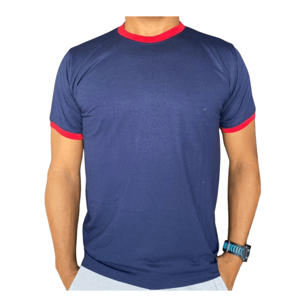 Camiseta Unissex Azul Marinho com Gola e Manga em Vermelho