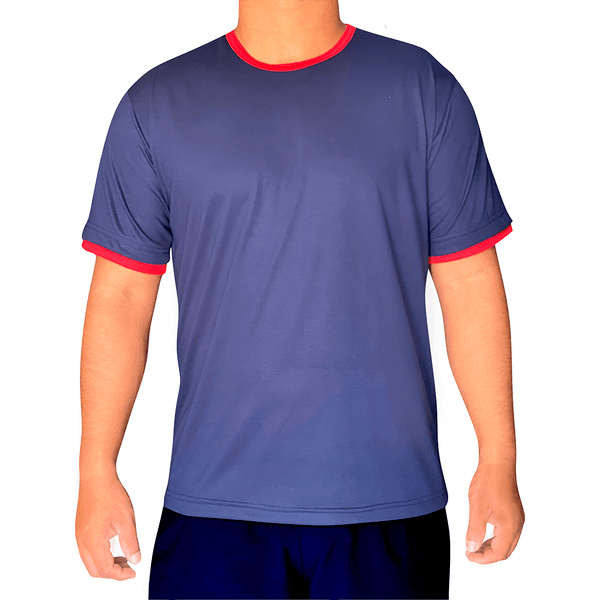 Camiseta Unissex Azul Marinho com Detalhes em Vermelho
