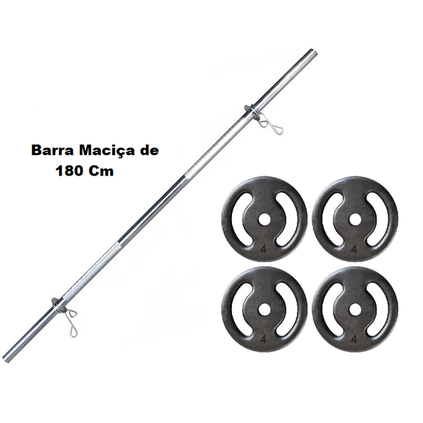 Kit Barra Maciça Recartilhada 180 Cm Com 16 Kg de Anilhas