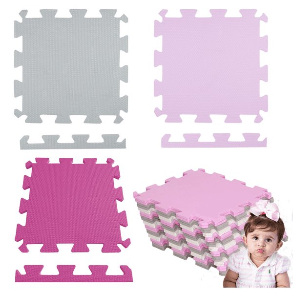 Kit 12 Placas Tatame Eva 50x50x1cm Menina Infantil Rosa e Cinza