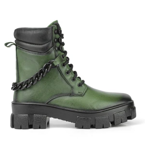 Coturno Feminino em Couro com Corrente Lorena Verde Militar - Design Único e Ousado
