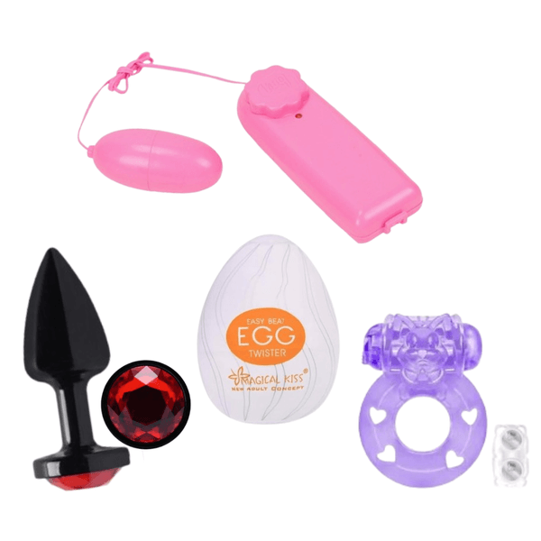 kit Vibrador bullet com fio masturbador egg anel peniano e plug anal tamanho p plastico ABS