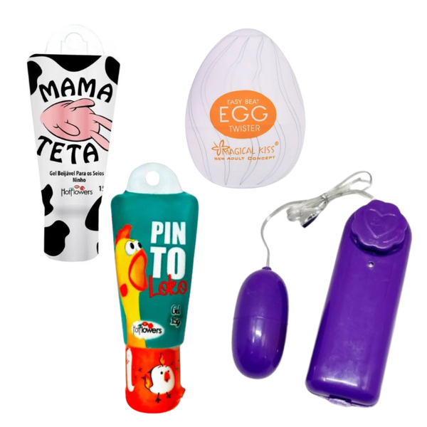 Kit com Pinto Loko, Egg Masturbador, Bullet a Pinha e Gel Beijável Mama Teta