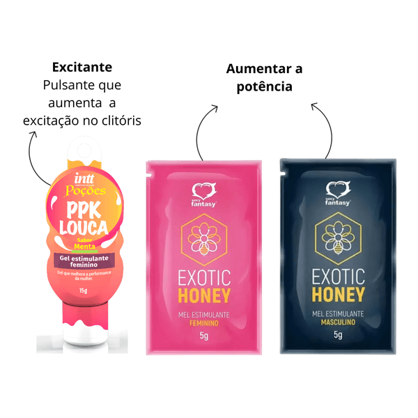 Kit Loucura dos Sentidos - Excitante clitoriano, exotica honey feminino e exotic honey masculino