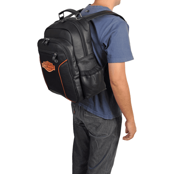 Mochila De Couro Original Na Cor Preta Com Logo Moto Bordado Harley Davidson LARGADAO COM VOCE ONDE FOR