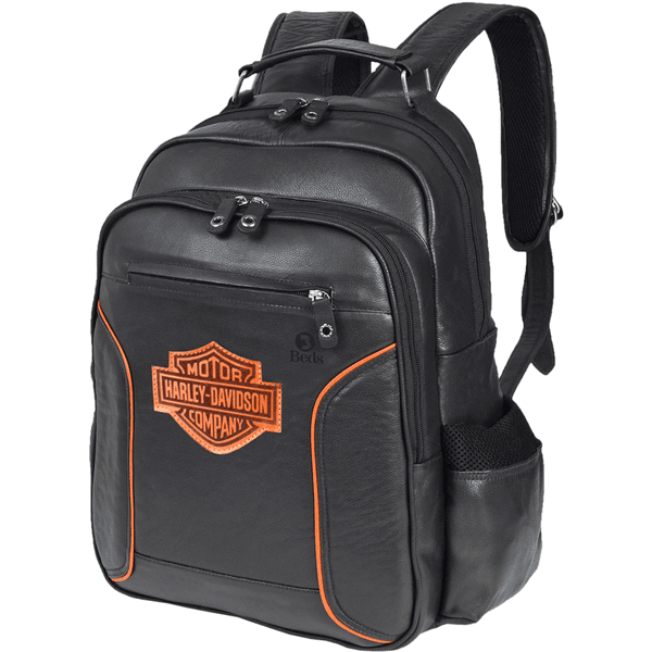 Mochila Tron em Couro Original na Cor Preta com Logo Harley