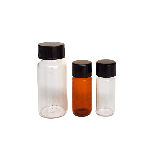 FRASCO TUBULAR VIDRO NEUTRO INCOLOR 15ML COM TAMPA ROSCA PRETA E BATOQUE 