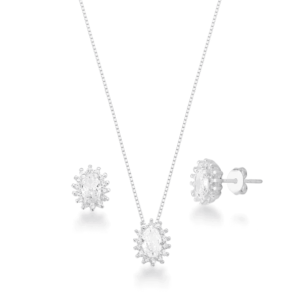 Conjunto Oval Cravejado Color Prata 925