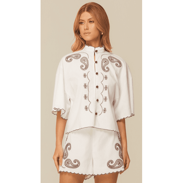 Camisa Gola Alta Bordada Branco