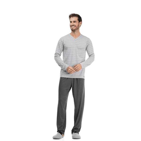 PIJAMA LONGO MASCULINO GOLA V VISCOLYCRA LISTRADO - CINZA