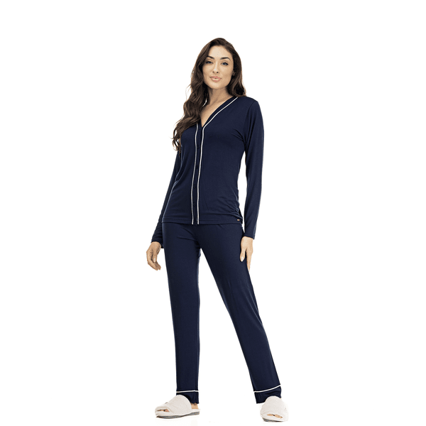 PIJAMA LONGO ABERTO VISCOLYCRA AZUL MARINHO - MARINHO