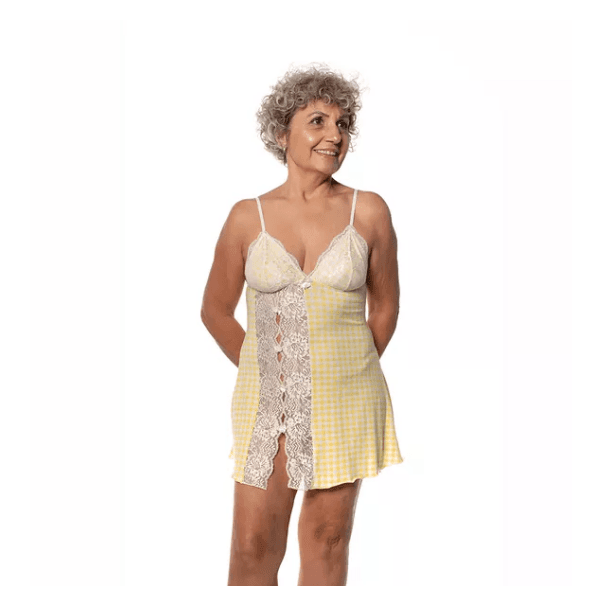 CAMISOLA MALHA COM RENDA ESTAMPA VICHY AMARELA - XADREZ