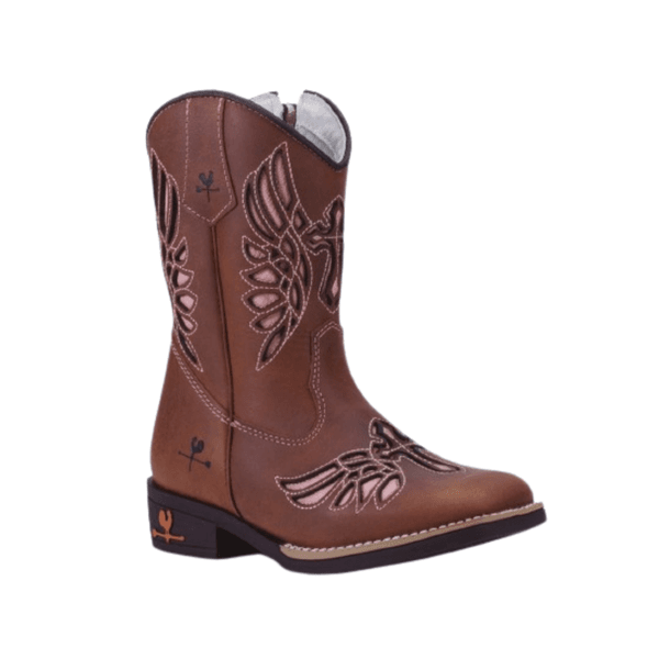 BOTA TEXANA JUVENIL FEMININA FÓSSIL CARAMELO BORDADO ROSA LAISER
