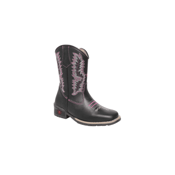 BOTA TEXANA JUVENIL LÁTEGO PRETO COM BORDADO ROSA