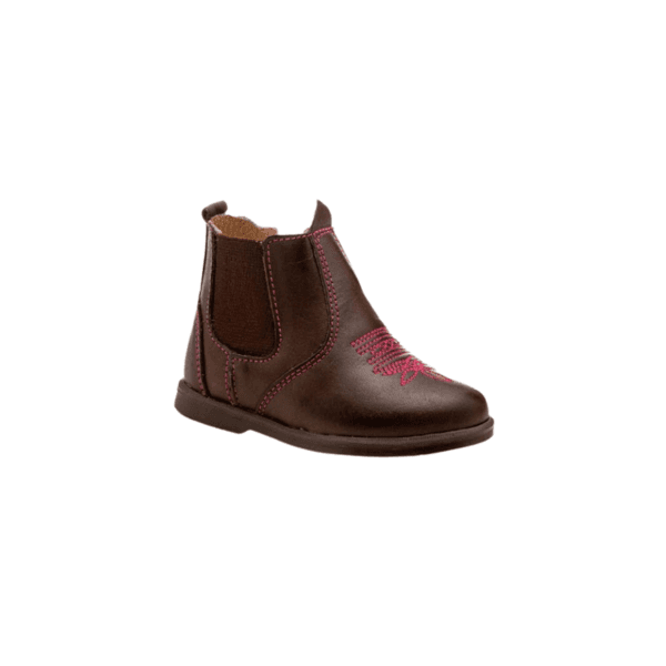BOTINA COUNTRY INFANTIL FEMININA LÁTEGO CAFÉ SOLA REDONDA BORDADO PINK