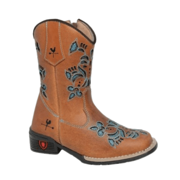 BOTA TEXANA FEMININA JUVENIL CARAMELO BORDADO LASER AZUL