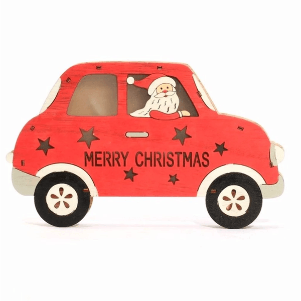 Papai Noel No Carro Madeira Iluminado Com Led Natal