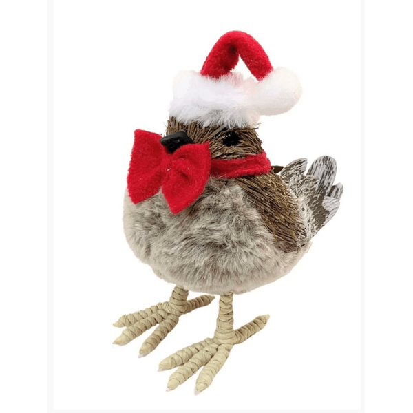Pássaro Decorativo com Gorro e Laço Vermelho