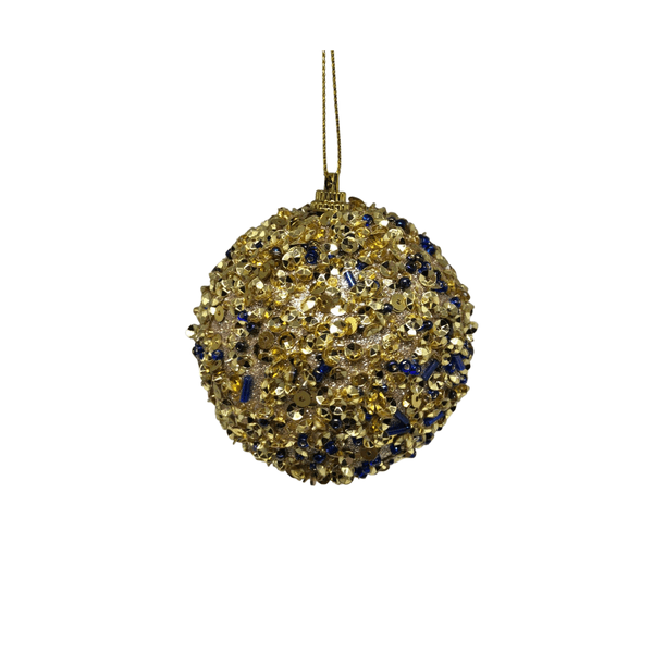 Caixa 3 Bolas Natalinas Ouro Com Brilho E Miçangas Azul 8cm