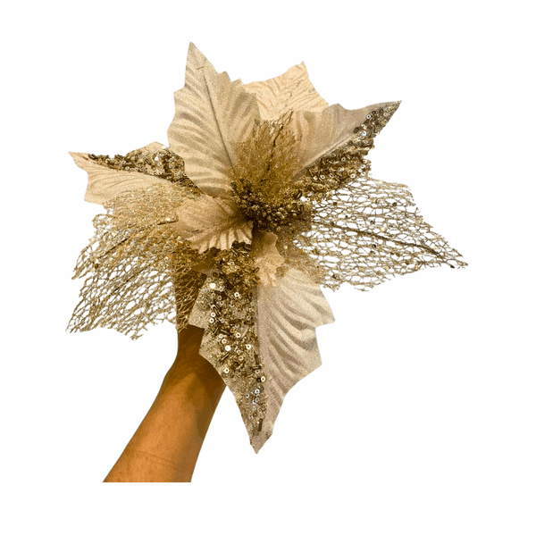 Flor Natalina Champagne Luxo Decoração Natal Tok da Casa