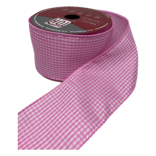 Fita Natalina 6,3cm Tecido Xadrez Rosa E Branco 9,14m