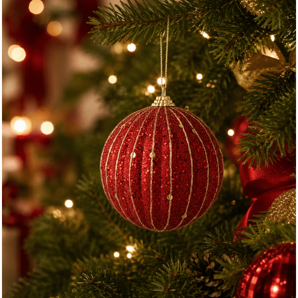 Jogo 3 Bolas de Natal Decoradas Vermelha Com Fio Dourado 8 Cm