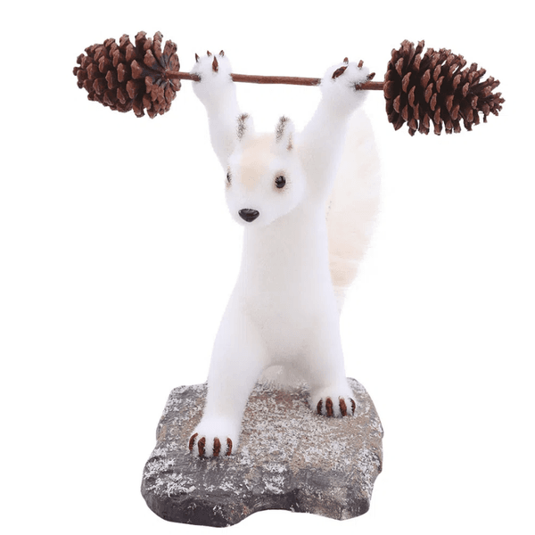 Esquilo Decorativo Fazendo Exercício Com Pinhas Branco 35cm