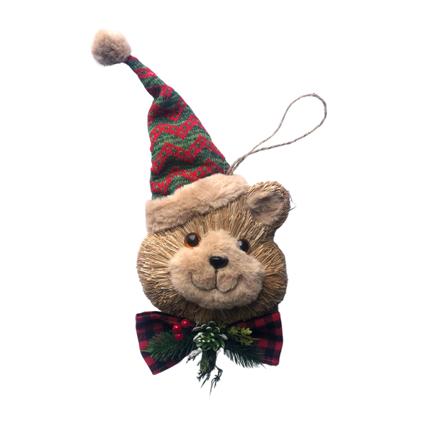 Urso Pendurar em Palha com Touca e Gravata Xadrez 38cm