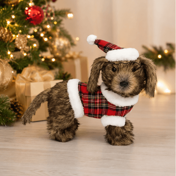 Cachorro em Pé Marrom Roupinha Xadrez e Óculos 32cm