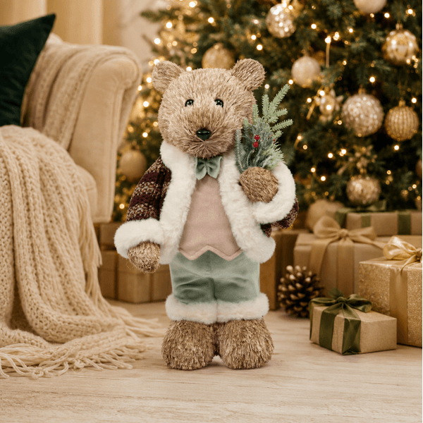 Urso de Palha com Casaco de Lã Roupa e Gravata 37cm