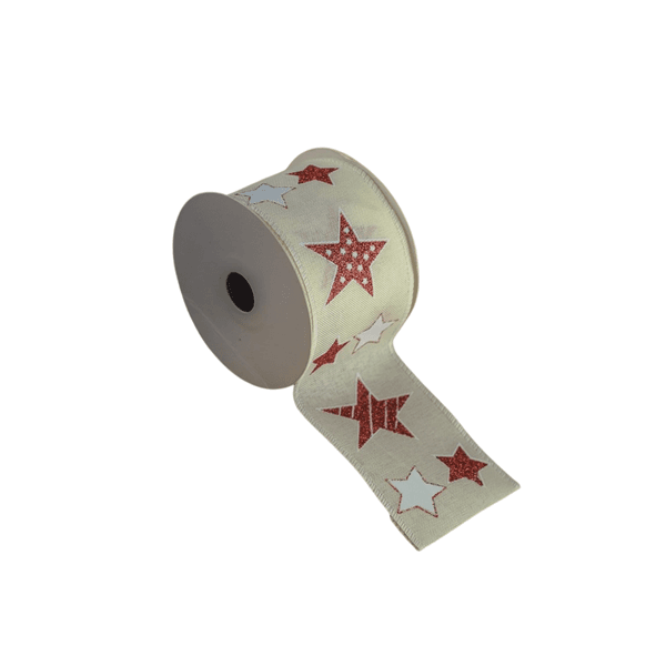 Fita Natalina Decorada Branca Estrela Rosa 6,3cmx9,14m