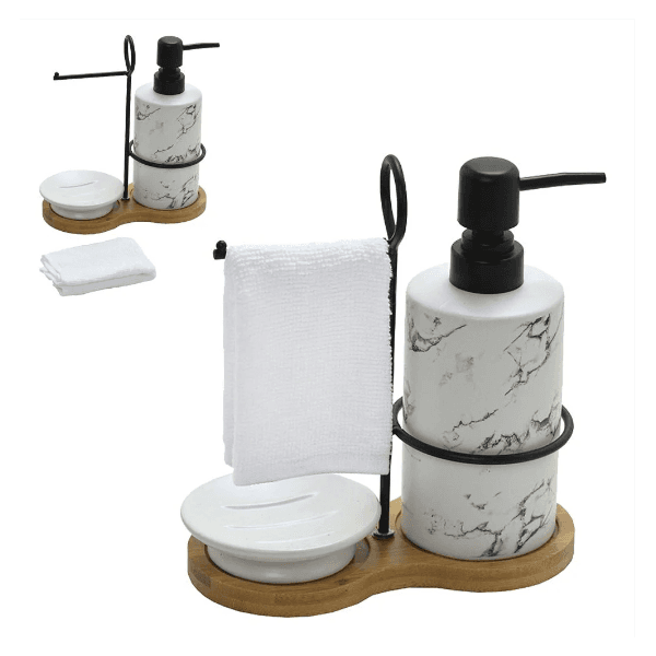 Kit Sabonete Liquido Suporte E Toalha Banheiro Branco Marmorizado