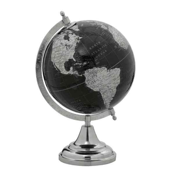 Globo Terrestre Decorativo Preto Prata Base Metal 37cm
