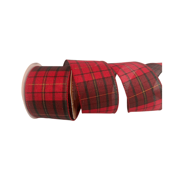 Fita Natalina Aramada 6,3cm Xadrez Vermelho e Verde Fio Dourado 9,14m