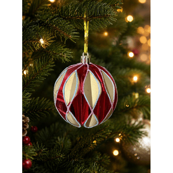 Jogo 3 Bolas De Natal Arabesco Vermelho e Dourado 8cm