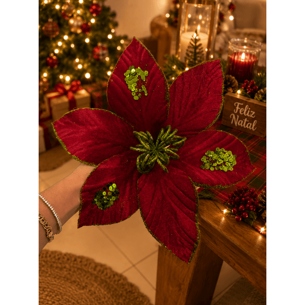 Flor Natalina Poinsetia Vermelho com Verde Lantejoula Brilho